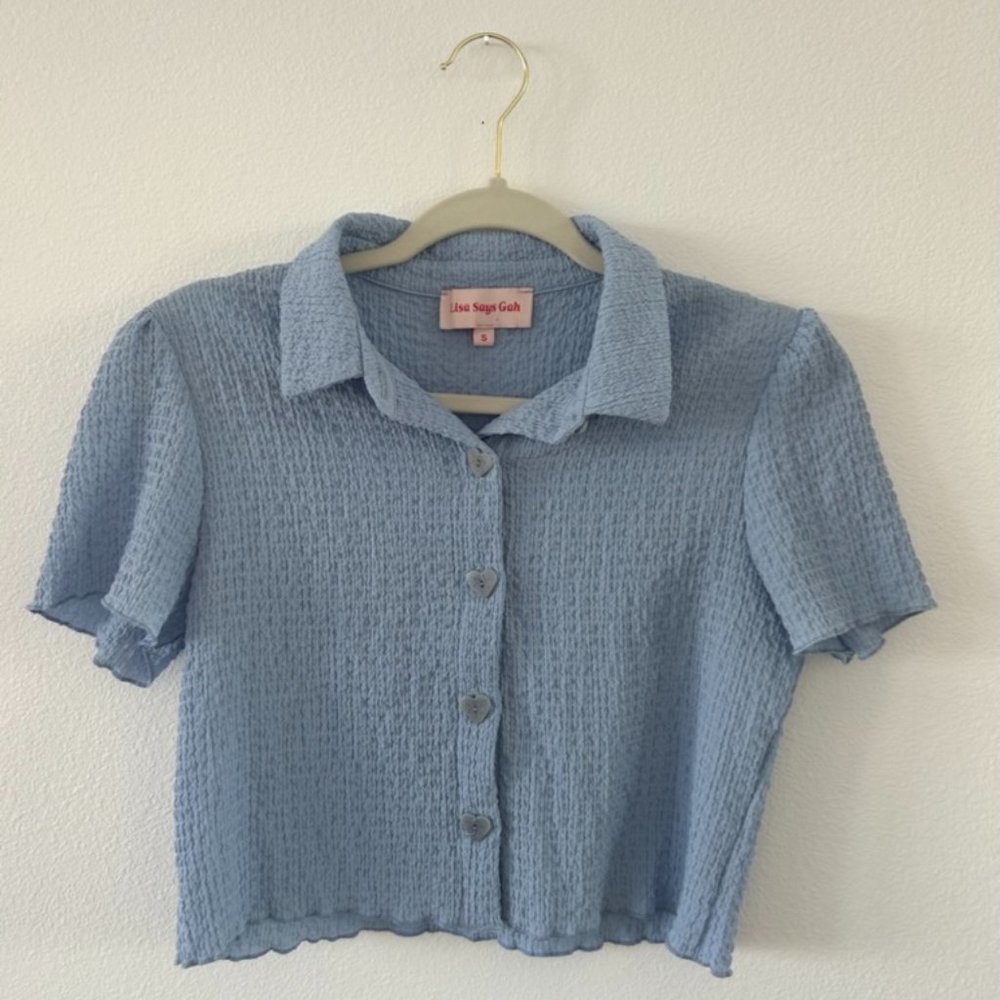 LISA SAYS GAH ♥︎ Heart Buttons ♥︎ Sabrina Top — Blue, S